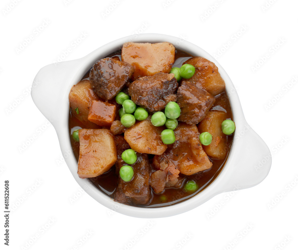 Delicious beef stew with carrots, peas and potatoes on white background, top view Delicious beef stew with carrots, peas and potatoes on white background, top view