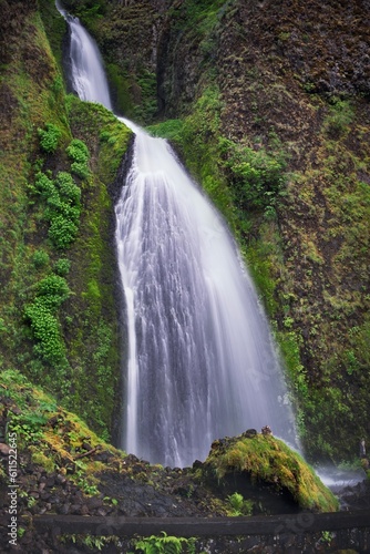 Waterfalls in lush green forest. Rain forest in Columbia River gorge. Oregon. USA