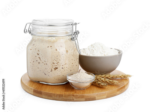 Fresh leaven, ears of wheat and flour isolated on white