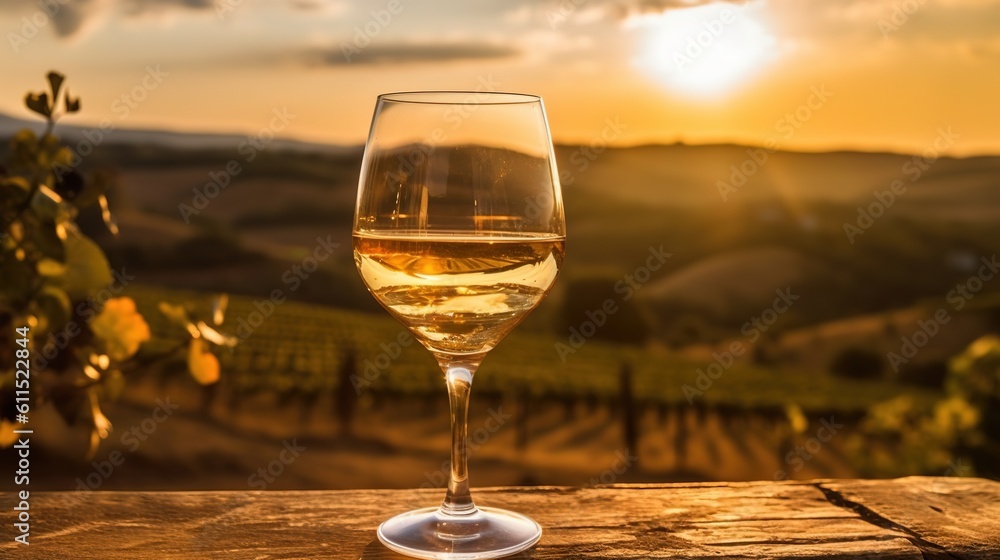 Close up of a Wineglass, Background of a Campaign, Farmland and the Sunset, Commercial Photography. Generative AI.