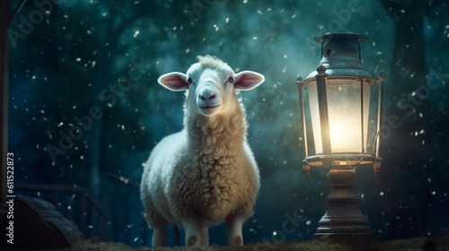Illuminated companionship: A sheep stands gracefully next to a lantern, crowned by a radiant star. Generative AI photo