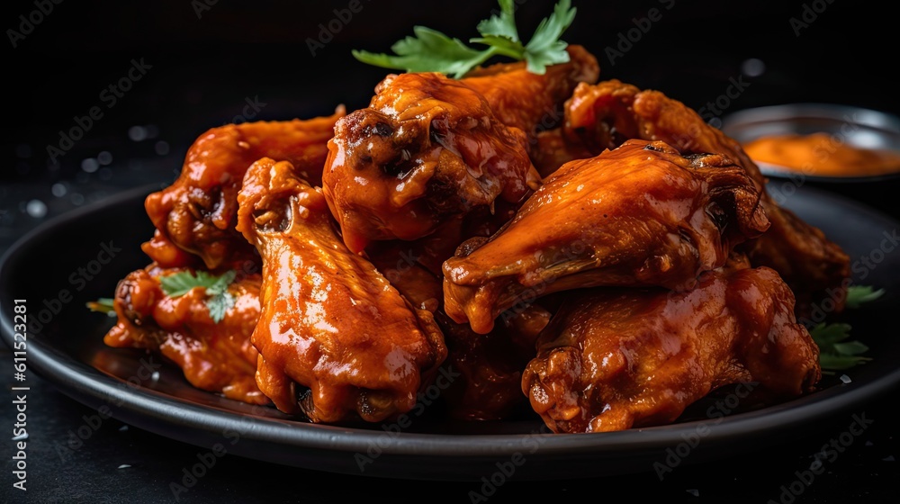 spicy red buffalo wings with cut vegetables on a black plate and blur background