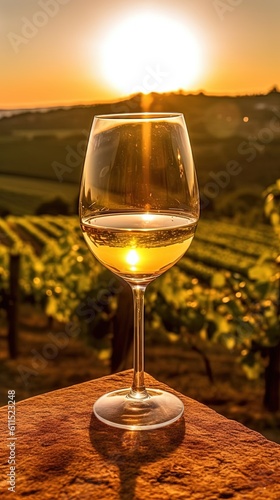 Close up of a Wineglass  Background of a Campaign  Farmland and the Sunset  Commercial Photography. Generative AI.
