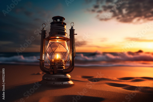 Lantern on a beach at a beautiful sunset - Done with generative AI - Enhnaced and composed by the artist