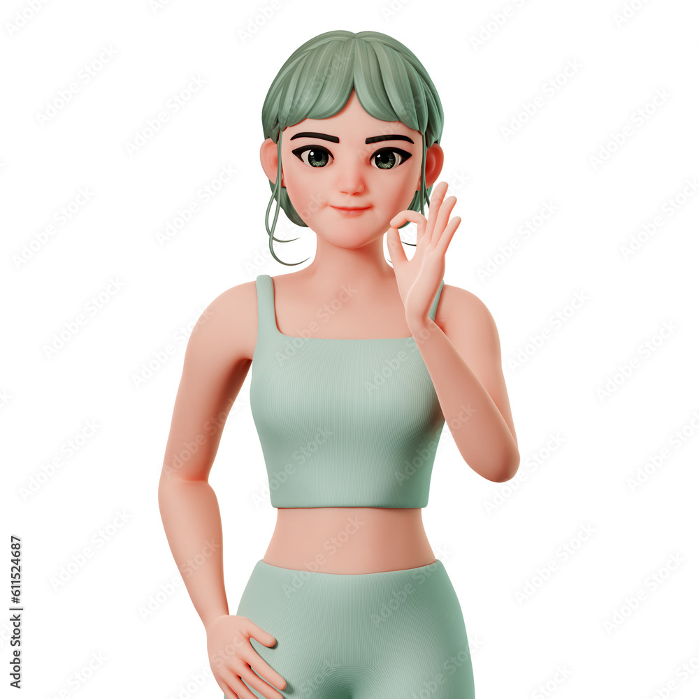 Sport Girl Character Showing Ok gesture using right hand, 3D Character Render Illustration Sport Girl Character Showing Ok gesture using right hand, 3D Character Render Illustration