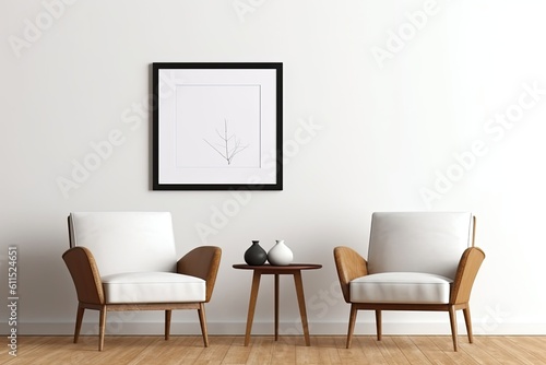 Mockup of landscape and portrait frames with copy space for a print presentation, image, or artwork. simple interior with white walls. Generative AI © 2rogan