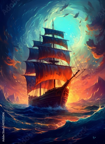 A large galleon sailing through a sea of fire and color, pirate ship concept, generative ai 