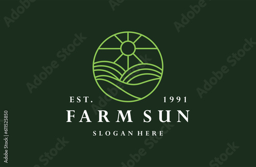 Farm sun logo vector icon illustration hipster vintage retro .
