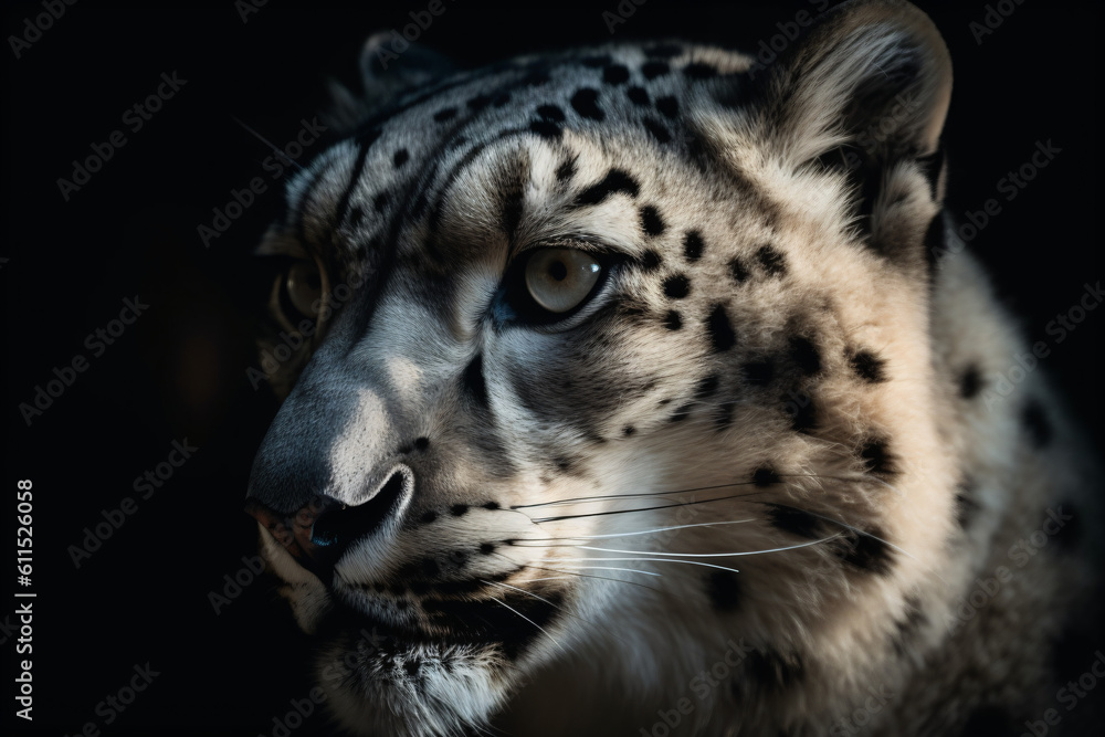 A close up of a snow leopard's face isolated on a black background, Generative Ai A close up of a snow leopard's face isolated on a black background, Generative Ai
