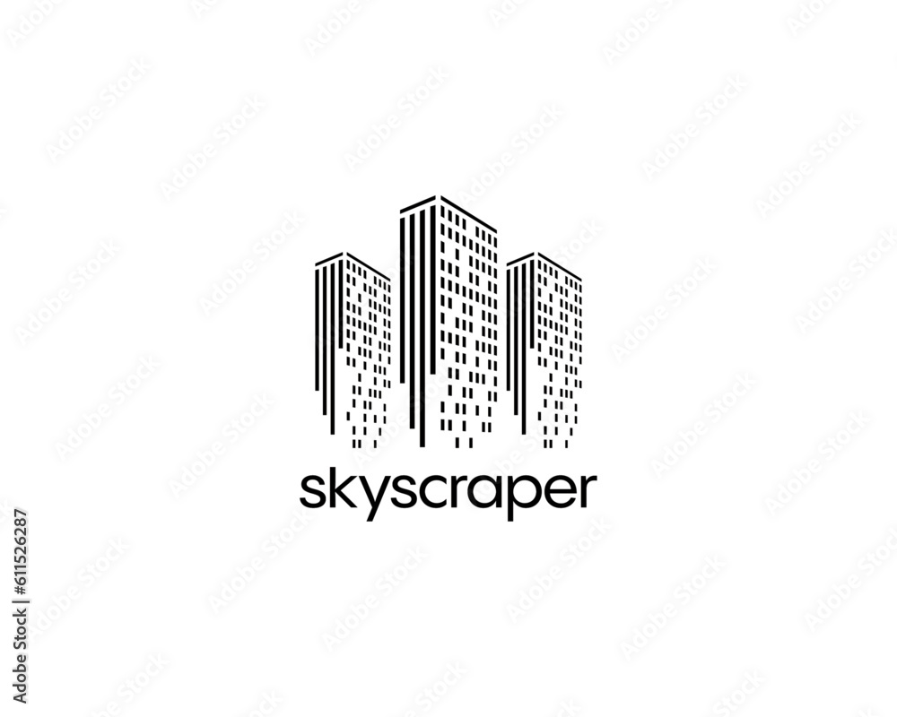 Dispersed building vector logo with disintegration effect. Square pixels are arranged into dissipated building. Modern city skyline.