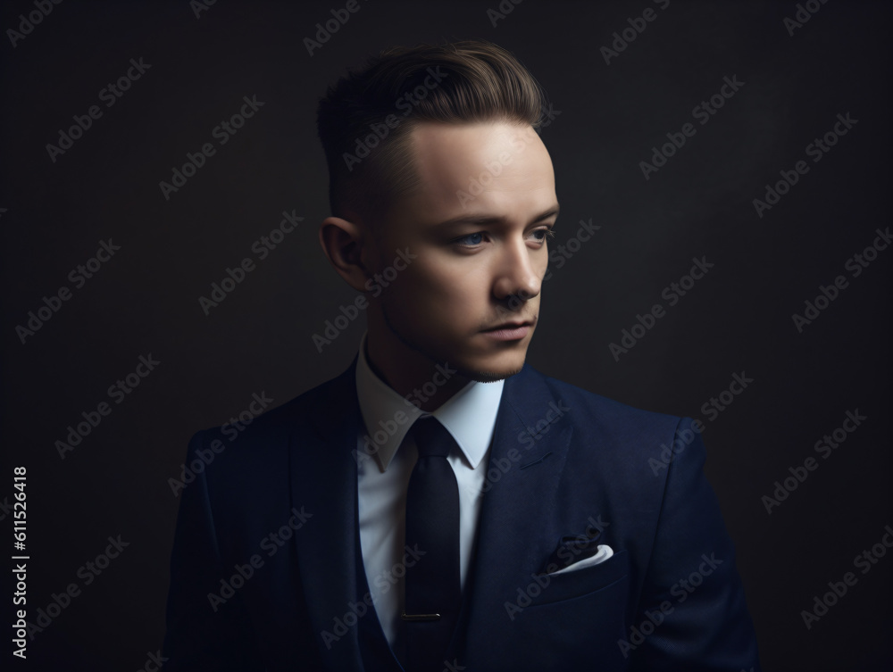 A young man in a suit and tie looking sideways isolated on a black background Generative Ai A young man in a suit and tie looking sideways isolated on a black background Generative Ai
