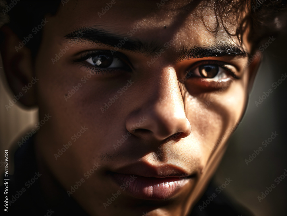 A close up of a young man's face with sunlight on it Generative Ai A close up of a young man's face with sunlight on it Generative Ai