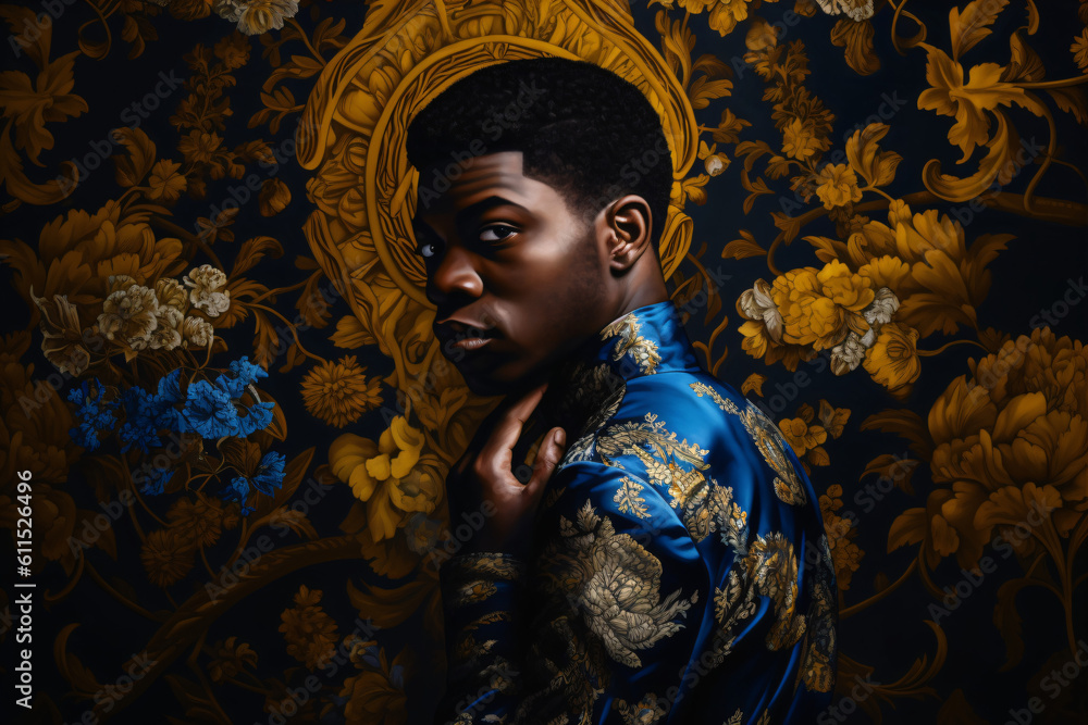 A black man in a blue and gold floral outfit Generative Ai