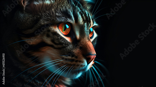 A close up of a cat's face with orange and green eyes on a black background Generative Ai