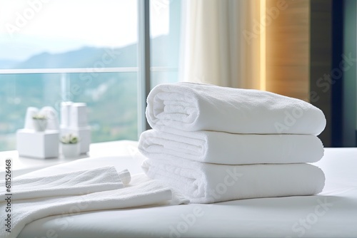 White clean towels on a bed in a contemporary hotel room with a window in the backdrop, copy space Generative AI