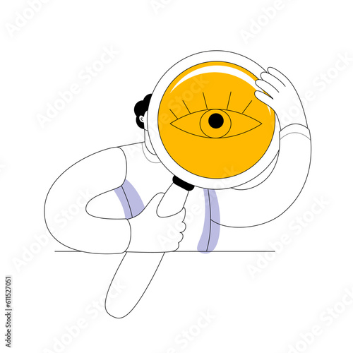 A character in casual clothing holding a huge magnifying glass. Huge eyes. Vector illustration. Searching for something among the data.