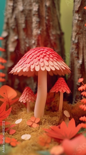 Paper cut style mushroom in the forest