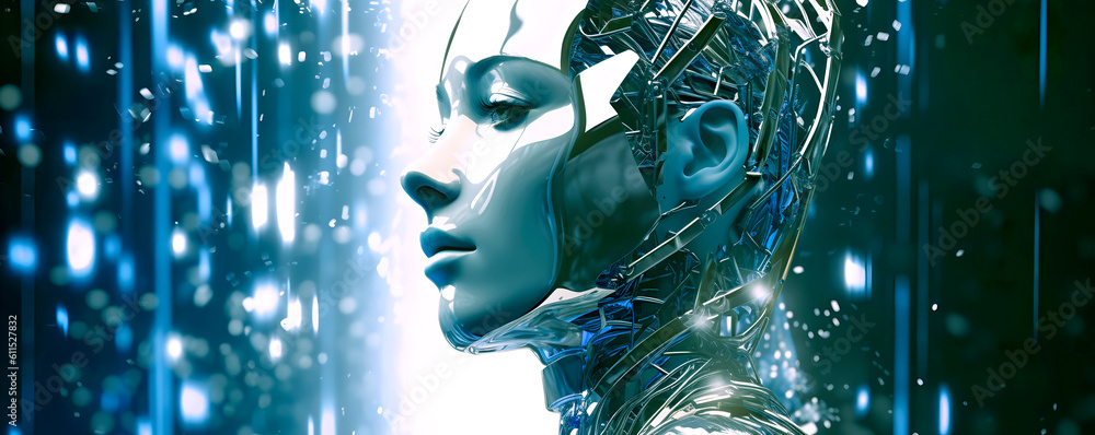 Portrait of female robot, android face, Artificial intelligence concept render 3d Portrait of female robot, android face, Artificial intelligence concept render 3d