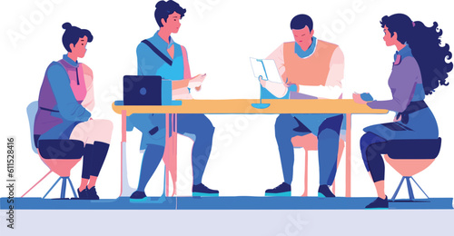 Sit business meeting - Four people in casual clothing have a sitting meeting and discussion in the office. Flat design vector illustration with white background
