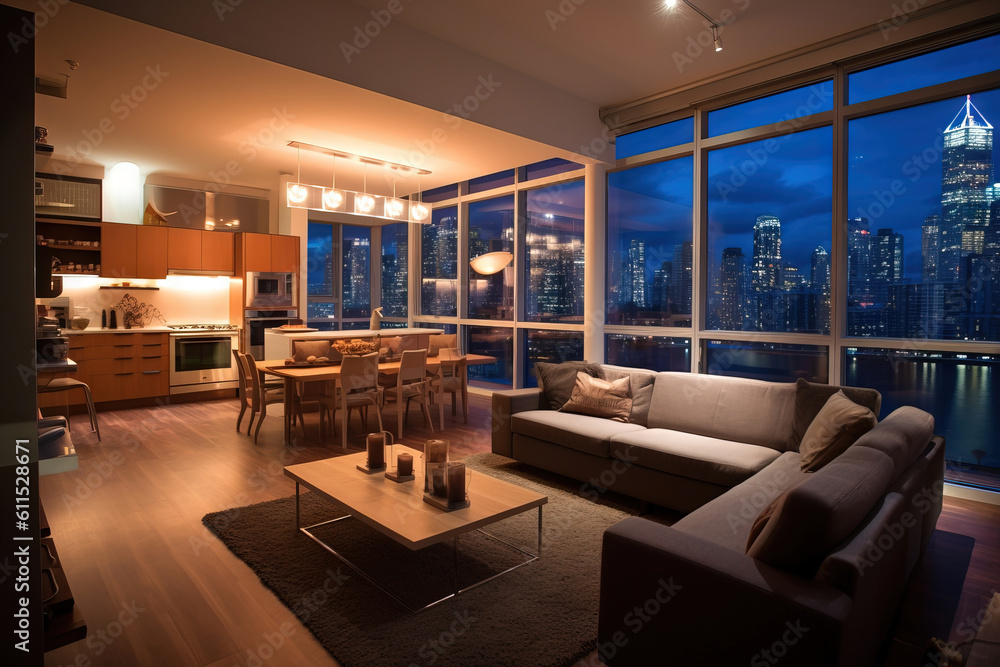 modern open concept living room in a high floor building at dusk