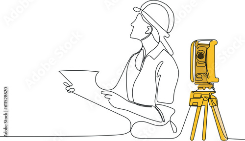 Close up of Caucasian worker with helmet on head using tablet for work while standing in warehouse. Surveyor with a tripod icon. Geodesic tripod. Vector illustration