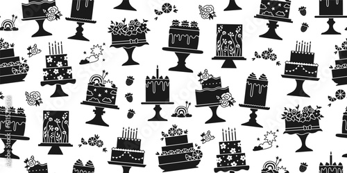 Birthday cakes celebration desserts seamless pattern. Party delicious cupcake sweet bakery boundless background. Holiday decoration cake abstract ornament pastries endless texture stamp stencil vector