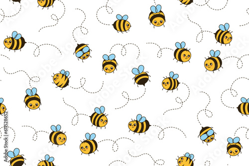 Bee honey cartoon seamless pattern. Kids honeybee insect characters with funny faces retro endless background. Cute summer ornament comic smiley striped bees repeat vector, boundless illustration