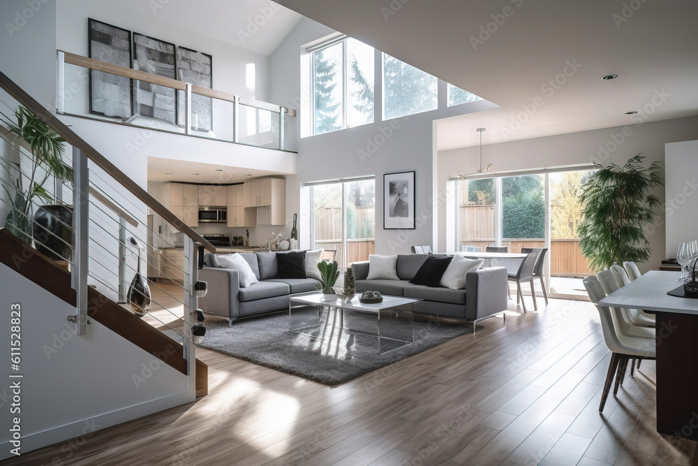 modern living room with high ceilings and white walls and wall windows modern living room with high ceilings and white walls and wall windows
