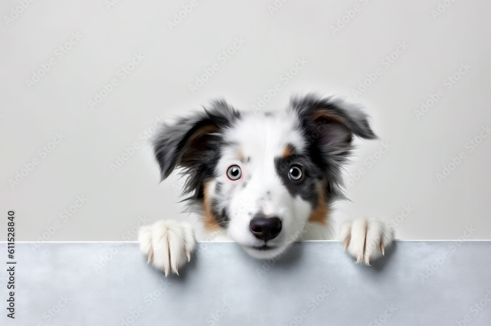 Fototapeta premium Isolated dog holding white background advertising frame with space for text. AI generated