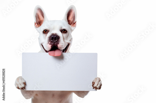 Isolated dog holding white background advertising frame with space for text. AI generated © AGPhotography