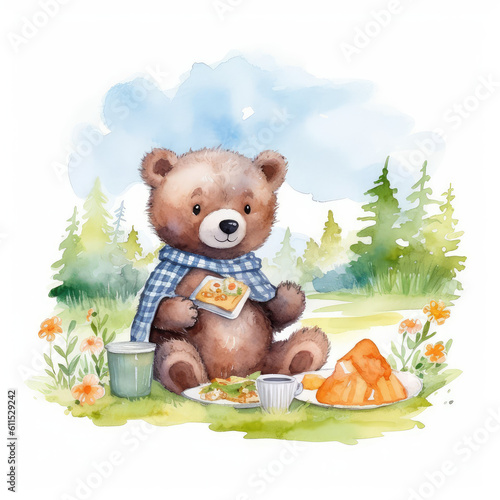 cute baby bear girl picnic and Watercolor, drawing,teddy bear , minimalistic style. Generative AI illustration.