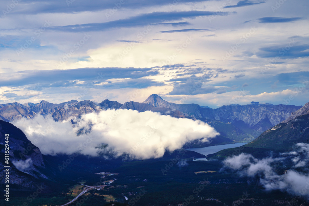 Mount Aylmer at 3162 meters rises above the Alberta rocky range in this panoramic view from the top of Sulphur mountain in Banff in the Canada rockies
