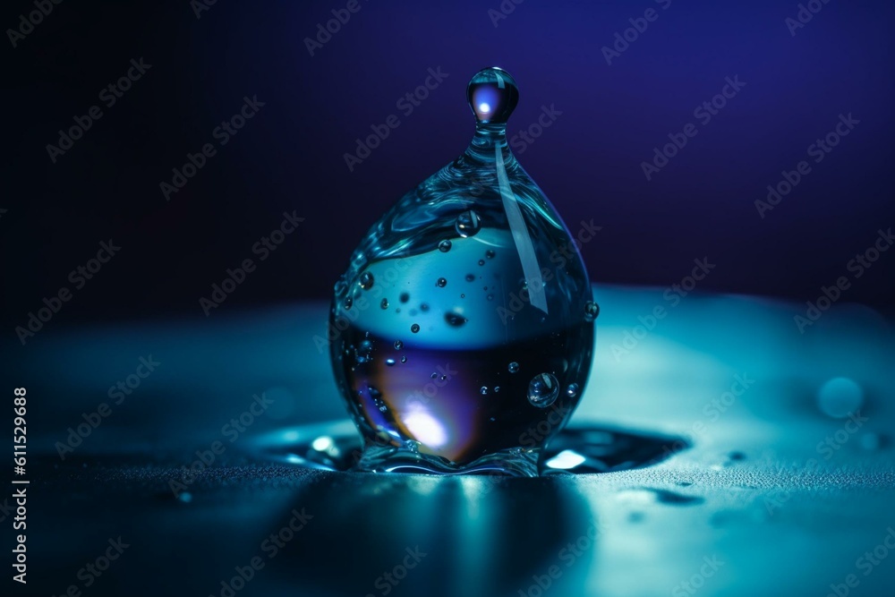 Water droplet on blue bg w/ space. Fine noise detail. Generative AI