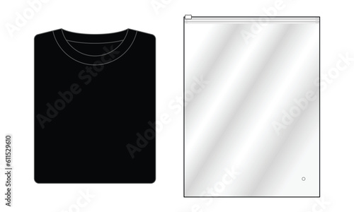 Foled black t-shirt and clear plastic zip lock bag template on white background, vector file