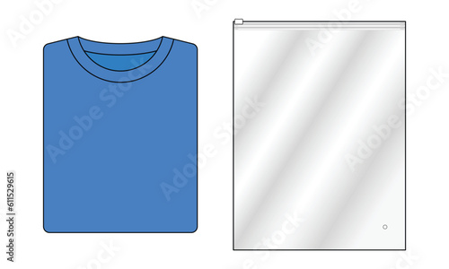 Foled blue t-shirt and clear plastic zip lock bag template on white background, vector file