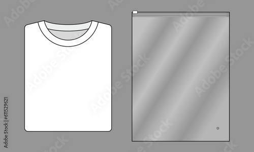 Folded white t-shirt and clear plastic zip-lock bag template on gray background, vector file