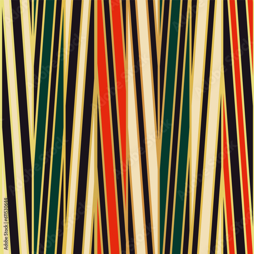 Abstract red and green woven stripes vertical pattern with golden lines. Vector seamless pattern design for textile, fashion, paper, packaging, wrapping and branding