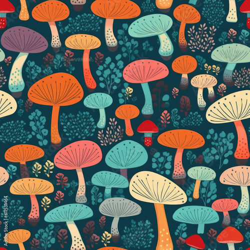 seamless pattern of mushroom in the forest
