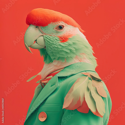 Fashion red and green parrot, trendsetter look. Generative AI photo