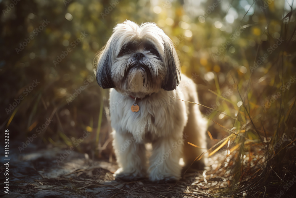 A groomed adult Shih Tsu dog illustration, standing in tall grass; created using generative AI