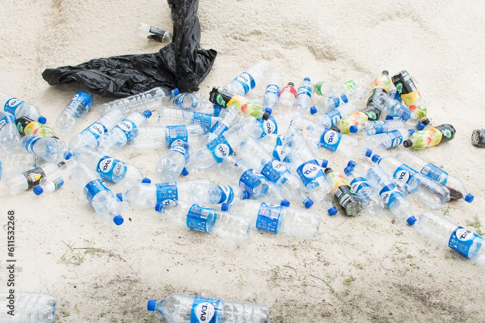 Lagos State, Nigeria May 10 2023 Plastic bottles littered on the