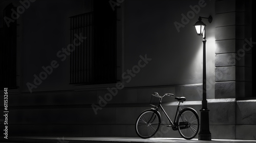Bicycle on the street. Black and white. Generative AI.