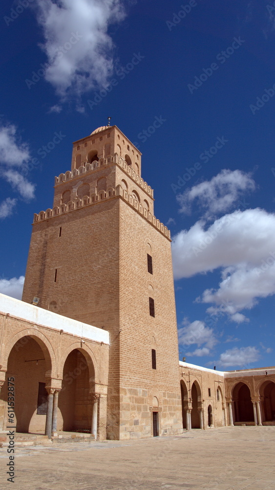 Minaret on the Great Mosque of Kairouan in Kairouan, Tunisia