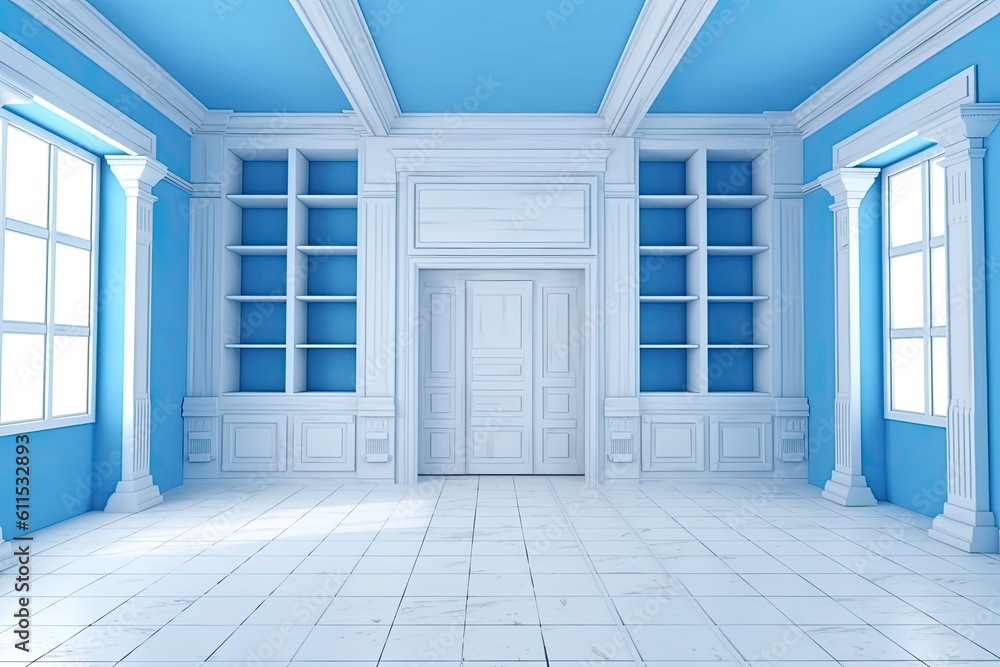 White interior of a home and office with cupboards, a floor-to-ceiling window, and an empty blue wall niche. Design idea for a contemporary living room. Mockup. Generative AI White interior of a home and office with cupboards, a floor-to-ceiling window, and an empty blue wall niche. Design idea for a contemporary living room. Mockup. Generative AI