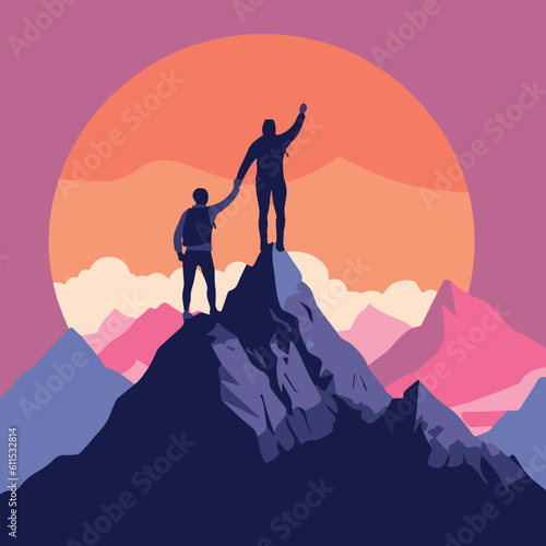 two people celebrating upon reaching the top of a mountain