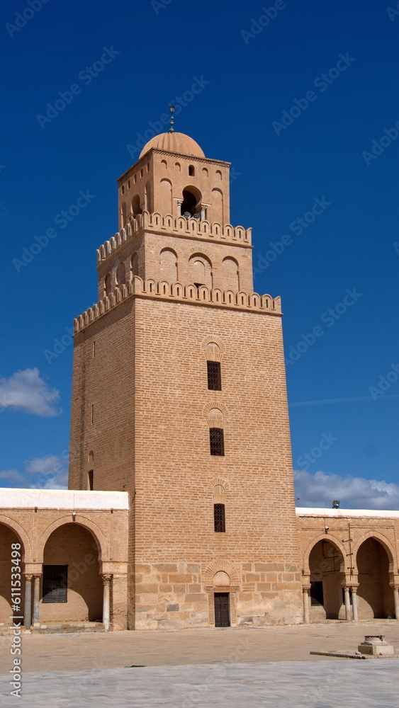 Minaret on the Great Mosque of Kairouan in Kairouan, Tunisia