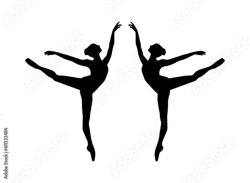 Vector illustration. Silhouette of a woman ballerina on stage. Ballet. Two girls.