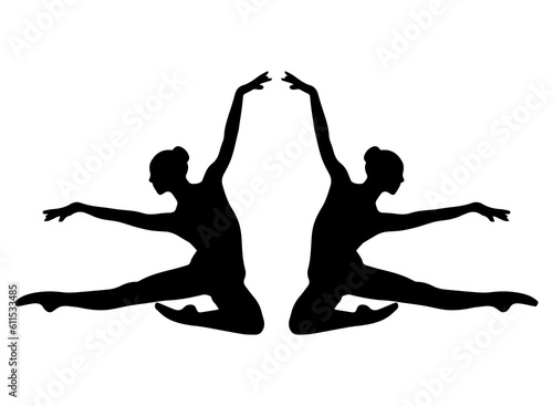 Vector illustration. Silhouette of a woman ballerina on stage. Ballet. Two girls.