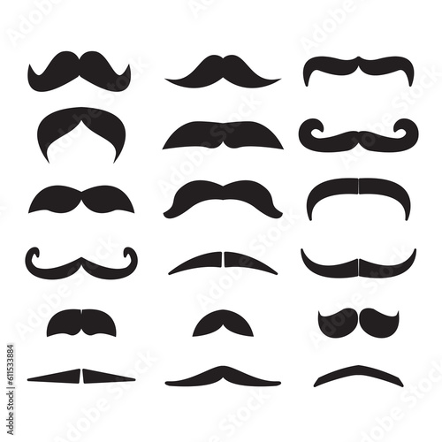 Moustaches icon set. Vintage male moustaches silhouette, funny black mustaches vector illustration set. Retro gentleman moustaches. 