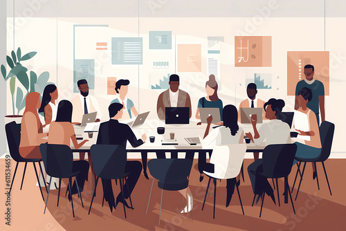 Diverse Professional Business Meeting: diverse professionals sitting around a conference table, engaged in a discussion in a collaborative and productive atmosphere